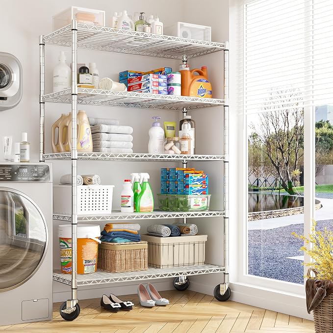 REIBII 73''H Storage Shelves 1660LBS Wire Shelving Unit with Wheels 5 Tier Metal Shelving,Heavy Duty Metal Shelves for Storage Rack,Commercial Industrial for Garage Kitchen 73''HX35''WX15''D,Chrome - Image 7