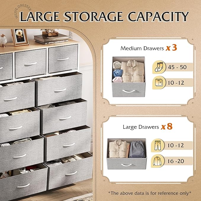 WLIVE Tall Dresser for Bedroom, Fabric Dressers Storage Tower, Dresser & Chest of Drawers Organizer Unit with 11 Drawers, Storage Cabinet, Hallway, Closets, Steel Frame, Wood Top, Light Grey - Image 5
