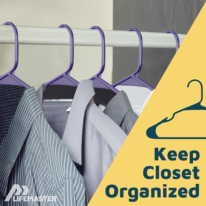 Lifemaster Plastic Clothes Hangers – Heavy Duty Hanger Set, for Organizing Clothes, Dresses, and Coat, Holds Up to 5 lbs, Space-Saving Hangers with Non-Slip Shoulder Grooves, Pack of 5, Purple - Image 5