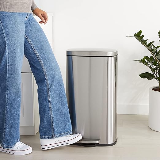 Amazon Basics Smudge Resistant Rectangular Trash Can with Soft-Close Lid, Foot Pedal, Removable Inner Bucket, 30 Liter/7.9 Gallon, Brushed Stainless Steel, Satin Nickel Finish, 13.8"L x 11.8"W x 25"H - Image 2