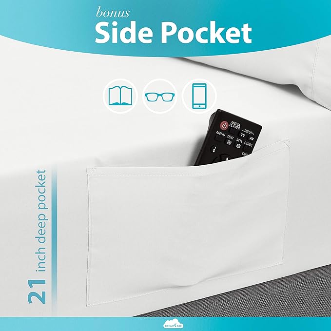 DREAMCARE King Size Sheets Set - 6 pcs Breathable Cooling Bed Sheets - up to 21" Extra Deep Pocket King Sheet Set with Side Pockets - Extra Soft 100% Brushed Hypoallergenic Hotel Luxury Bedding- White