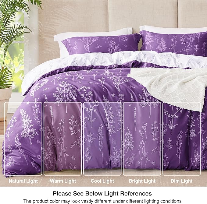 Love's cabin Dark Purple Comforter Set Queen - Queen Size Comforter Set, 3 Pieces Cute Floral Bedding Sets for All Seasons,1 Soft Reversible Botanical Flowers Comforter and 2 Pillow Shams