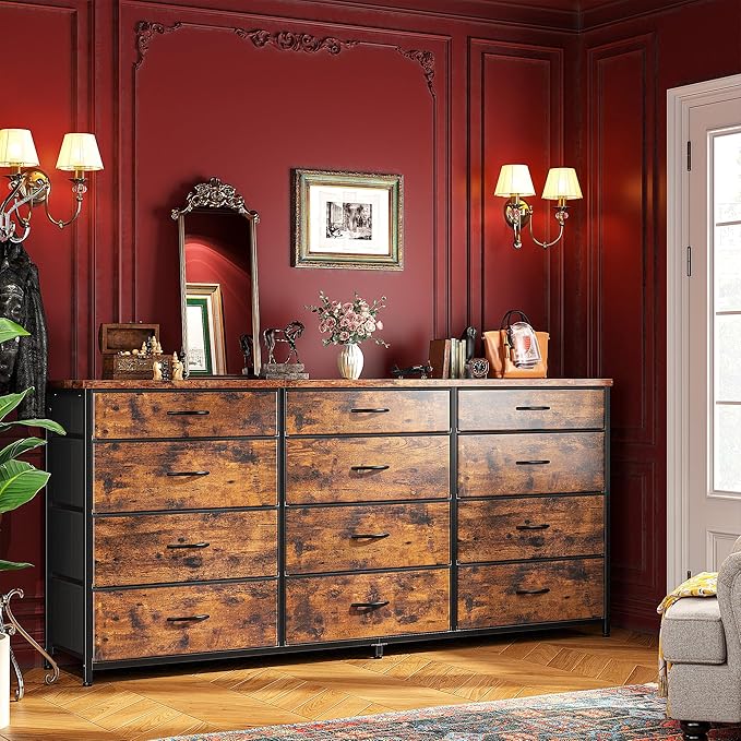 Romorgniz 55" Dresser for Bedroom with 12 Fabric Drawers, Entertainment Center for 60 inch TV Dressers & Chests of Drawers Large Organizer, Living Room, Metal Frame, Wood Top, Rustic Brown