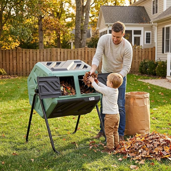 Werph Updated 43 Gallon Dual-Chamber Compost Bin, Fast Assembly Rotating Outdoor Compost Tumbler, Batch Composter with Gloves for Garden, Kitchen, and Yard Waste, Green & Black - Image 8