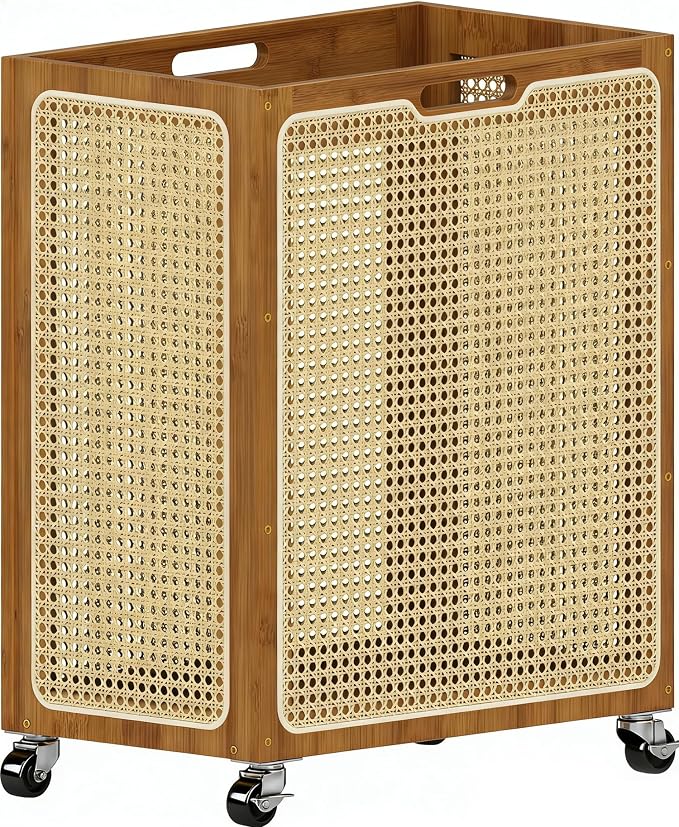 Laundry Hamper with Wheels, Decorative Boho Rattan Laundry Baskets, 90L Large Bamboo Dirty Clothes Basket Organizer, Rolling Wicker Laundry Hampers for Bathroom,Bedroom by Unknown