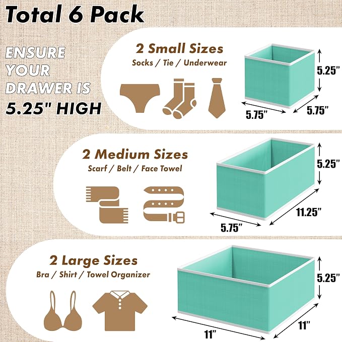 Simple Houseware Underwear Drawer Organizer for Lingerie/Undergarment/Bra/Panty/Sock/Onesie, Set of 6, Turquoise - Image 2