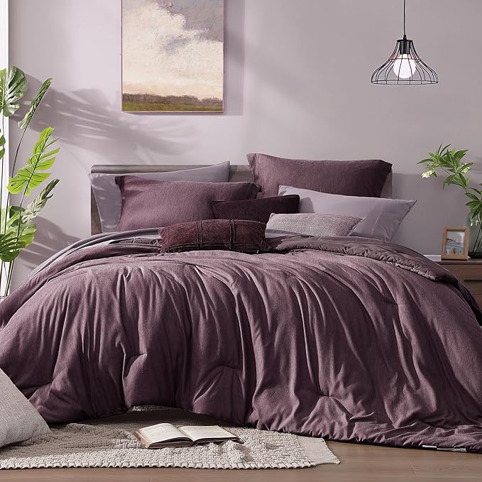 Monbix Super King Plus Comforter Set, Italian Plum Cationic Dyeing Bedding Set Reversible, Bed in a Bag 7 Pieces with Comforter, Sheets, Pillowcases & Shams