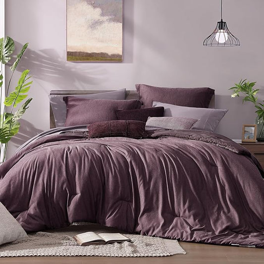 Monbix Super King Plus Comforter Set, Italian Plum Cationic Dyeing Bedding Set Reversible, Bed in a Bag 7 Pieces with Comforter, Sheets, Pillowcases & Shams