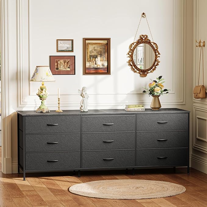 Huuger 63 Inch Dresser for Bedroom, Dresser for Closet with 9 Fabric Drawers, Large TV Stand for 55, 65, 70 Inch TV, Entertainment Center with Storage, Wide Long Chest of Drawers, Black