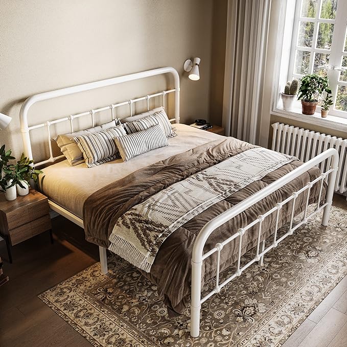 Allewie Full Size Metal Platform Bed Frame with Victorian Style Wrought Iron-Art Headboard/Footboard, No Box Spring Required, White