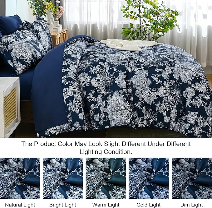 DJY King Size Comforter Sets, 7 Pieces Bed in a Bag King Dark Blue Botanical Comforter Set with Sheets, White Elegant Plants Print Soft Microfiber Reversible Complete Bedding Sets for All Season
