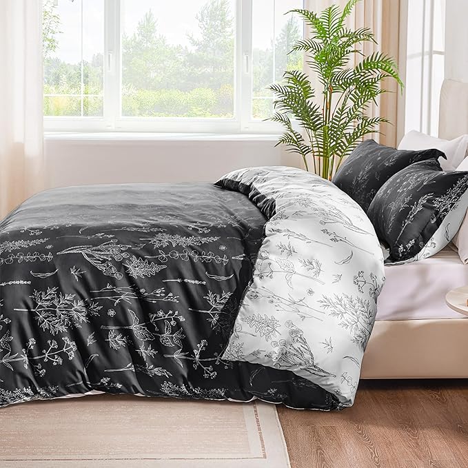 Love's cabin King Size Comforter Set Black - King Comforter Set, 3 Pieces Cute Floral Bedding Sets for All Seasons,1 Soft Reversible Botanical Flowers Comforter and 2 Pillow Shams