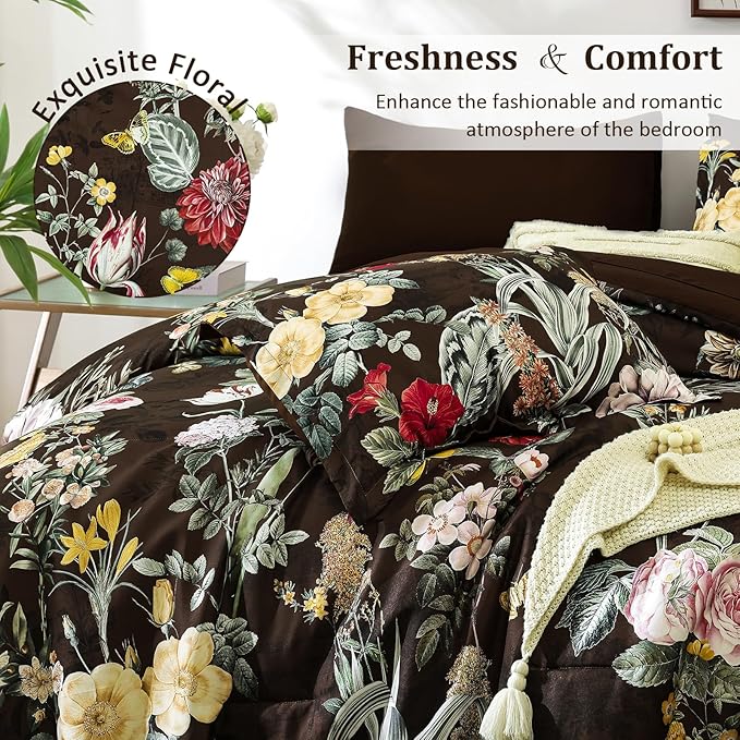 WONGS BEDDING Brown Comforter Set Queen, 7 Pieces Bed in a Bag Botanical Floral Comforter Bedding Set, Soft Microfiber Comforter with Flat Sheet, Fitted Sheet, Pillow Shams, Pillowcases