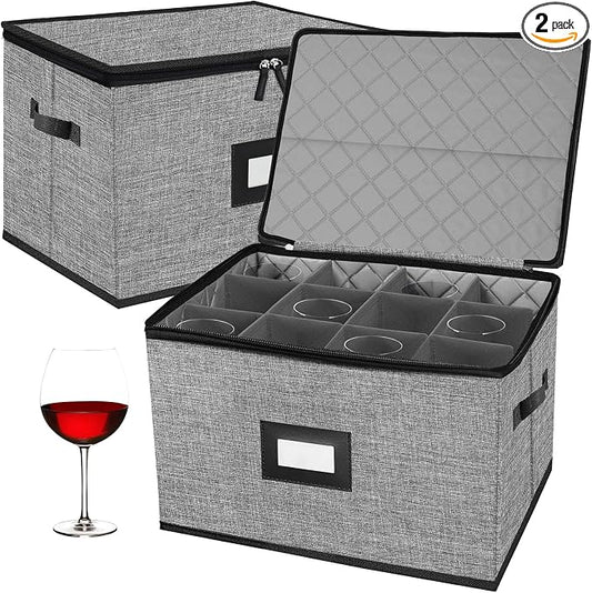 2PACK Quilted Wine Glass Storage Box,China Storage Containers hard shell,Moving Boxes,Storage Containers for Organizing,Stackable Stemware Storage Cases,Moving Supplies by OURUER