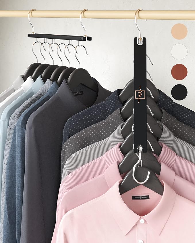 MORALVE Space Saving Hangers for Closet – 4 Pack European Beechwood 6-Tier Shirt Organizer with 360° Swivel Hook – Collapsible Clothes Hanger for Closet Organization (Hangers Not Included) by MORALVE