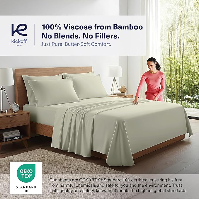 Kickoff Viscose Bamboo Sheets Twin Size 3-pc 100% Organic Bamboo Viscose Bed Cooling Sheets Twin Size Set Cool Bedding for hot Sleepers Sheet, Flat, Fitted, Pillowcase (Sage Green, T)