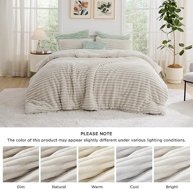 Bedsure Comforter Set Queen Size - GentleSoft™ 3 Pieces Double-Side Fleece Fluffy Linen Comforter Set, Cozy Striped Room Decor Aesthetic, Luxury Bedding Queen Size, 2 Pillowcases, 90x90 Inches