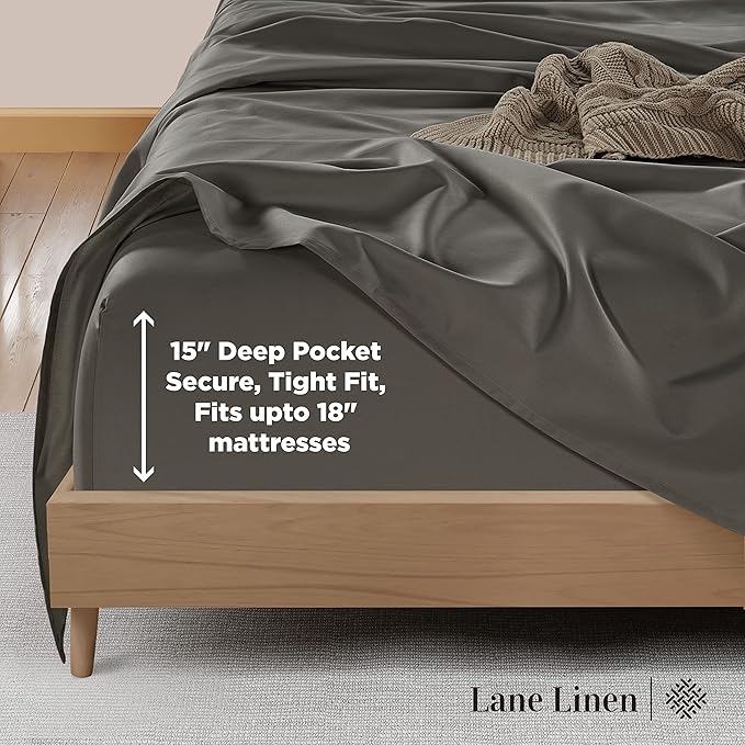 LANE LINEN 100% Cotton 600 Thread Count Split King Sheet Set for Adjustable Beds, Sateen Weave Hotel Quality, Fully Elasticized Oeak Tex Certified Sustainably Produced Machine Washable - Charcoal
