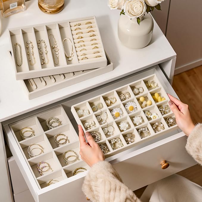 Velvet Jewelry Drawer Organizer Trays – Large Beige Stackable Jewelry Storage Inserts Set, 4-Layer Jewelry Tray Set for Earrings, Rings, Necklaces, Bracelets with Removable Dividers for Dresser,Vanity - Image 7