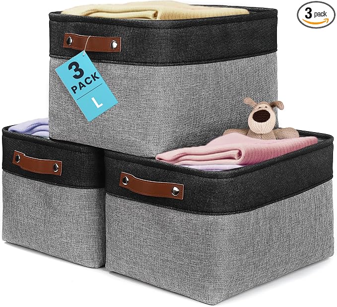 OrganiHaus Large Fabric Storage Baskets for Shelves 3 Pack, 15x11in Closet Storage Bins, Canvas Storage Bin for Organizing, Cloth Baskets, Linen Closet Organizers, Gray/Black by OrganiHaus