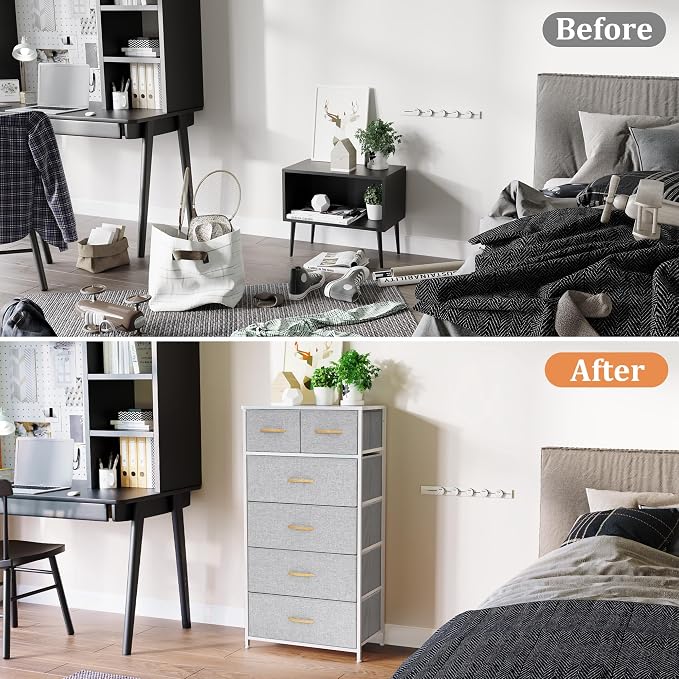 Fabric Dresser for Bedroom, Tall Skinny Dresser with 6 Drawers, Storage Organizer Tower, Steel Frame Wooden Top for Closet, Living Room, Hallway(Light Gray) - Image 4