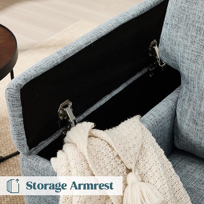 Oversized Accent Chair with Armrest Storage, Modern Upholstered Reading Living Room Chairs, Comfy Large Armchair, Fabric Single Sofa Chair for Bedroom (Bluish Grey)