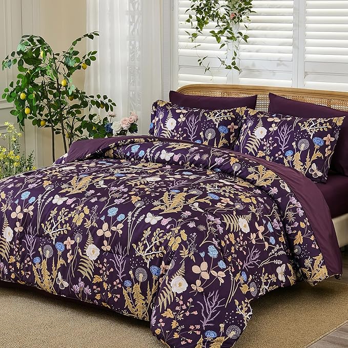 Yiran Purple Floral Comforter Set King Size, 7 Piece Botanical Comforter Bedding Set, Farmhouse Bed in a Bag, Soft Microfiber Complete Bedding Set with Sheets for All Season
