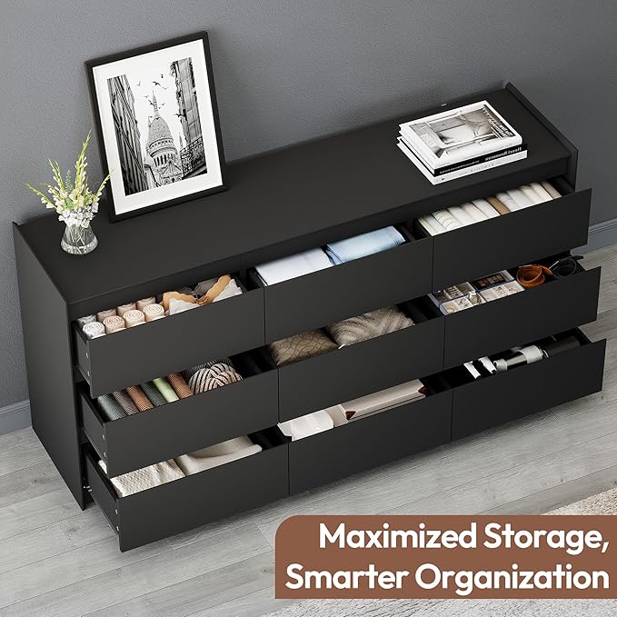 Extra Wide 9 Drawer Dresser for Bedroom, Modern Wooden Chest of Drawers, Sturdy Handle-Free Storage Cabinet with Anti-Tip Kit, Large Console Table for Master Room, Matte Black