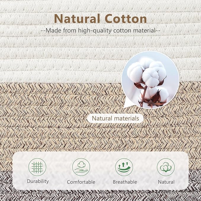 ECDYQXVU Cotton Rope Basket, Storage Baskets with Handle, 15x10x9 Inch Woven Basket for Shelves, Laundry, Towels, Clothes, Books (Gradient Brown 3 Pack) - Image 2