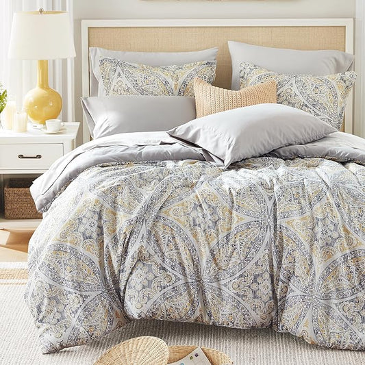 Comfort Spaces Bed in A Bag Comforter Set - Trendy Casual Design Full Comforter with Complete Sheet Set with Side Pocket, All Season, Shams, Gloria, Full Grey/Yellow 9 Piece