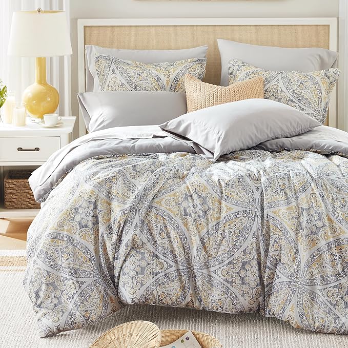 Comfort Spaces Bed in A Bag Comforter Set - Trendy Casual Design Queen Comforter with Complete Sheet Set with Side Pocket, All Season Comforter Queen, Shams, Gloria, Queen Grey/Yellow 9 Piece
