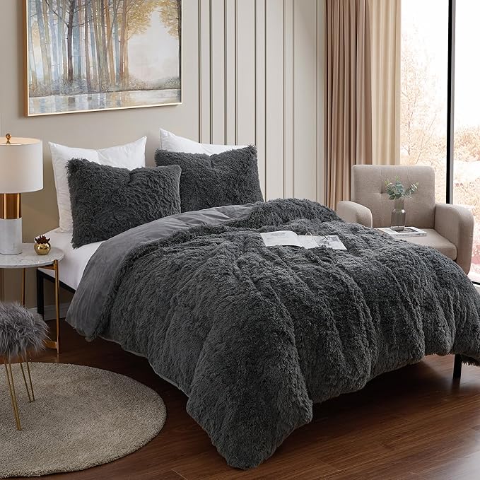 Twin Size Luxury Faux Fur Comforter Set - Soft & Breathable 5-Piece Bedding Collection - 1 Comforter, 1 Fitted Sheet, 1 Flat, 1 Pillowcase, 1 Pillow Sham - Deep Pocket - Premium Quality, Dark Gray