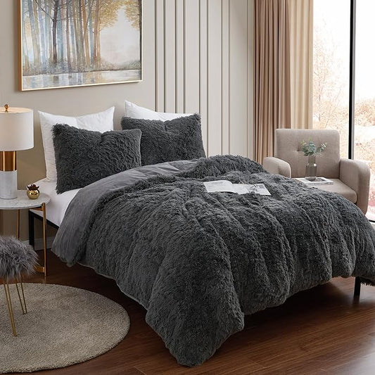 Twin Size Luxury Faux Fur Comforter Set - Soft & Breathable 5-Piece Bedding Collection - 1 Comforter, 1 Fitted Sheet, 1 Flat, 1 Pillowcase, 1 Pillow Sham - Deep Pocket - Premium Quality, Dark Gray