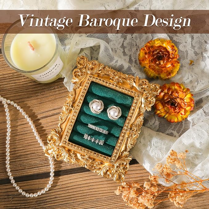Vintage Ring Holder Rectangle Gold Velvet Display Stand - Baroque Jewelry Organizer Box Tray for Wedding Engagement Anniversary Women Birthday Christmas Gift Photograph Prop (MPF05-Gold Green) - Image 2