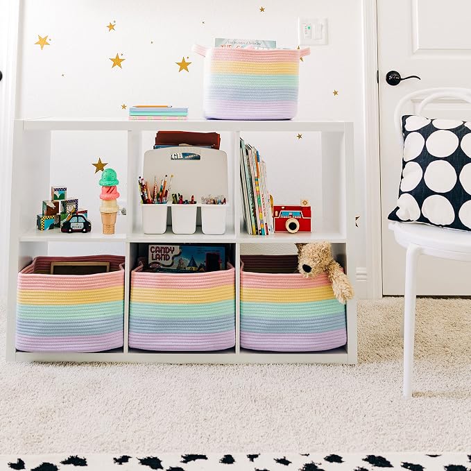 OrganiHaus Set of 3 Pastel Rainbow Baskets - Colorful Woven Storage Baskets for Playroom, Nursery & Classroom Decor, Toy Storage, 15x9x10 - Image 5