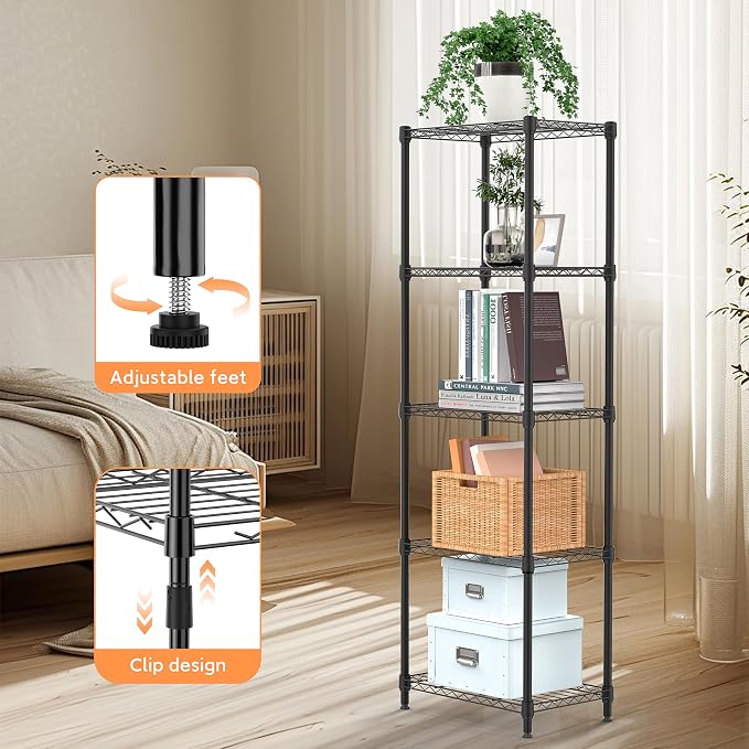 M MZG 5 Tiers Shelf Metal Storage Shelves Wire Rack Closet Organizers with Wheel for Garage Kitchen Bathroom Laundry Black 11.8" D x 17.7" W x 55" H - Image 5