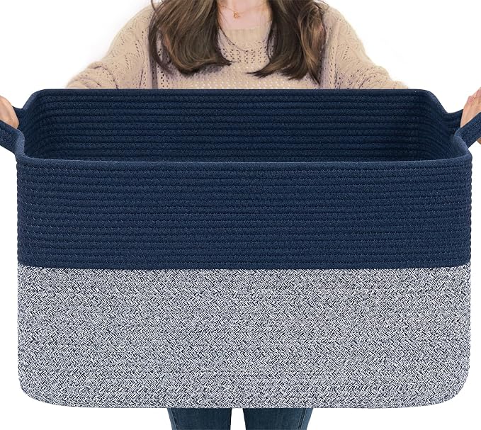 Goodpick Large Blanket Basket 22" x 17" x 12" Woven Storage Baskets for Organizing, Decorative Cotton Rope Basket for Living Room Home Decor, Toy Baskets for Kids, Mixed Blue by Goodpick