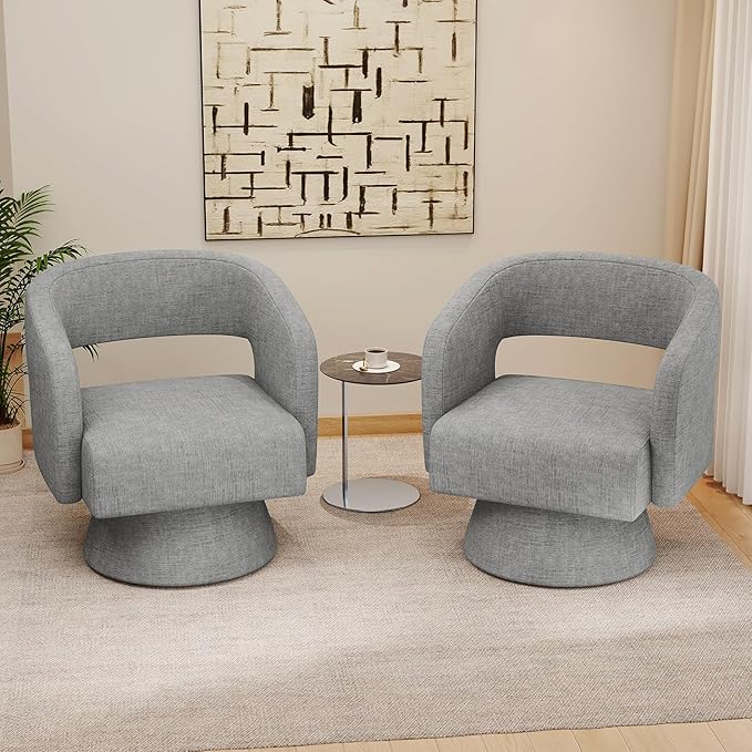 Nebuaegis Swivel Accent Chair Set of 2, Modern Comfy Chenille Barrel Chairs, Oversized Upholstered Round Arm Chair for Living Room, Bedroom, Reading Room, Grey