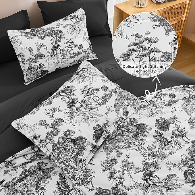 DJY Black Comforter Set Queen, 7 Pieces Black and White Botanical Comforters Queen Size Elegant Plants Print with Sheets Bed in a Bag Soft Microfiber Reversible Complete Bedding Sets for All Season