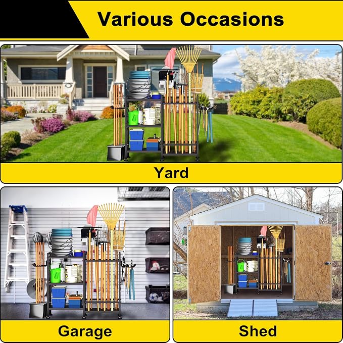 GIOTORENT 6 Tier Garden Tool Organizer, Garage Storage and Organization, Metal Yard Tools Storage Rack, Heavy Duty Garden Tool Organizer for Garage, Yard, Patio, Shed, Indoors and Outdoors, Black - Image 4