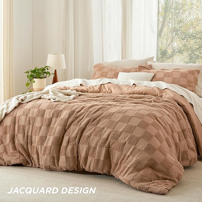 Bedsure Queen Size Comforter Set Taupe, Boho Tufted Bed Set, Checkered Farmhouse Shabby Chic Bedding, 3 Pieces, 1 Plaid Geometric Comforter and 2 Pillow Shams