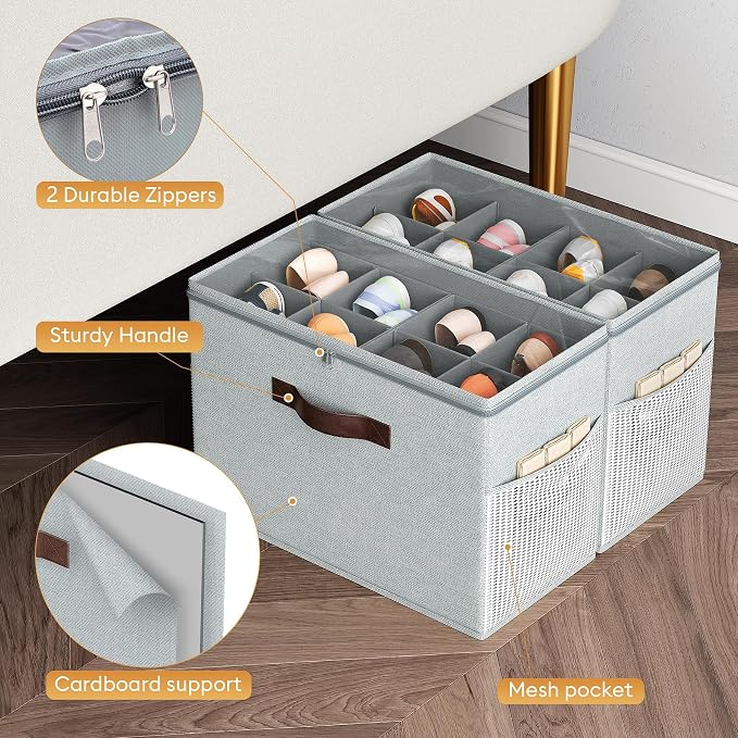 Budding Joy 2 Pack Shoe Organizer for Closet, Clear Foldable Shoe Storage Containers Adjustable Dividers Fits 16 Pairs,Shoe Storage Bins Baskets Boxes with Reinforced Handles Light grey - Image 4