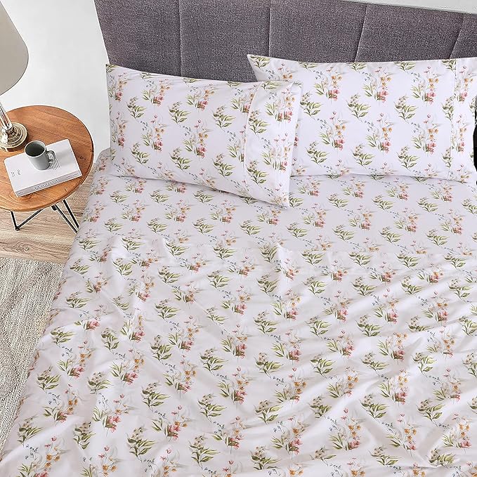 RUVANTI 100% Cotton Sheets – King Size Percale Bedding, Cooling & Breathable Floral Design, Durable with a Crisp, Soft & Comfortable Feel, 16" Deep Pocket, 4-Piece Set, Floral Bliss
