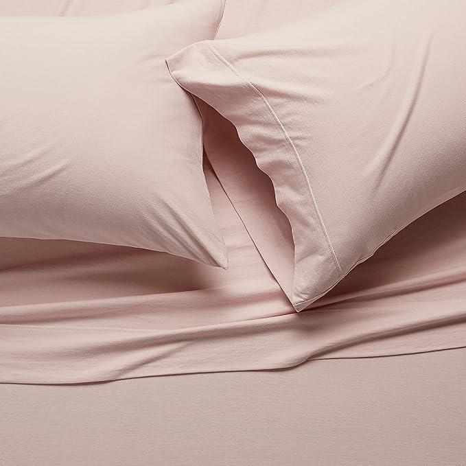 Amazon Basics 4 Piece Breathable 100% Cotton Jersey Knit Bed Sheet Set, Includes Flat and Fitted Sheets, Pillowcase, Queen, Blush