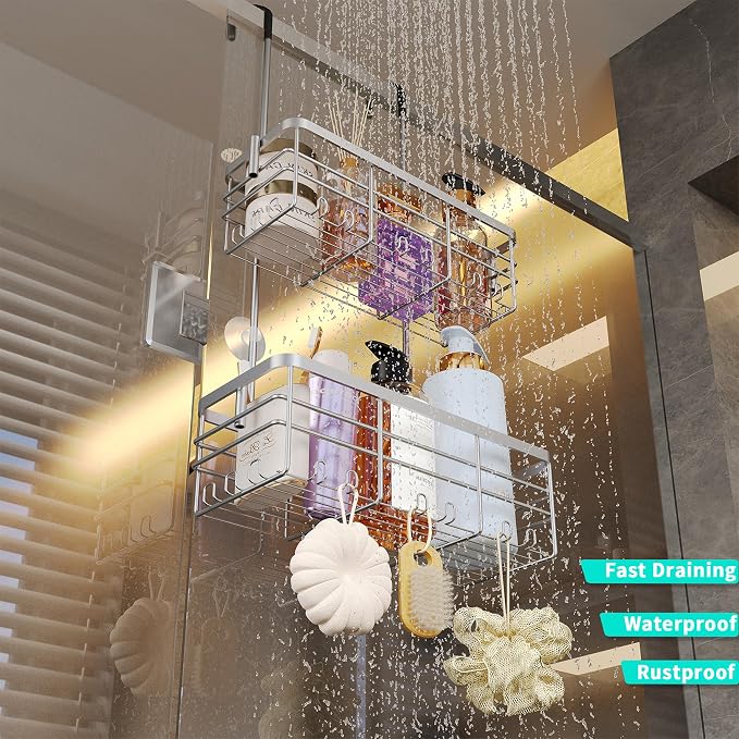 HapiRm Hanging Shower Caddy Organizer - No Drilling Shower Organizer with Hooks, Rustproof & Waterproof 304 Stainless Steel Bathroom Shelves - Silver - Image 5