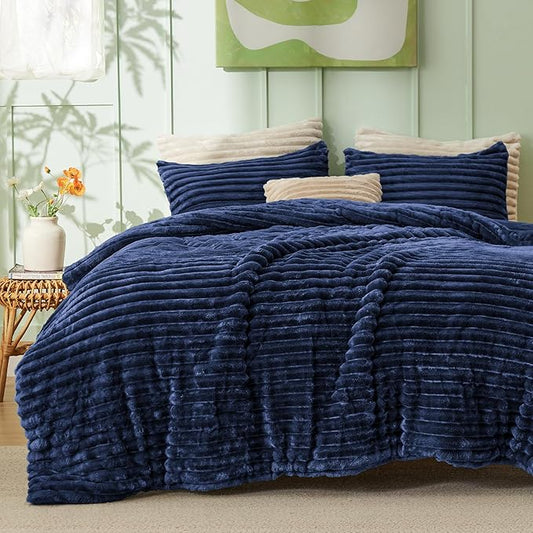 Bedsure Comforter Set Queen Size - GentleSoft™ 3 Pieces Double-Side Fleece Fluffy Navy Blue Comforter Set, Cozy Striped Room Decor Aesthetic, Luxury Bedding Queen Size, 2 Pillowcases, 90x90 Inches