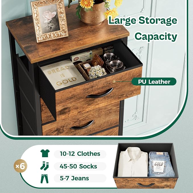 Huuger Tall Dresser for Bedroom, 7 Drawer Dresser & Chests of Drawers, Fabric Drawer for Closet, Bedroom, Night Stand, Metal Frame, Storage Tower with Fabric Bins, Rustic Brown - Image 5