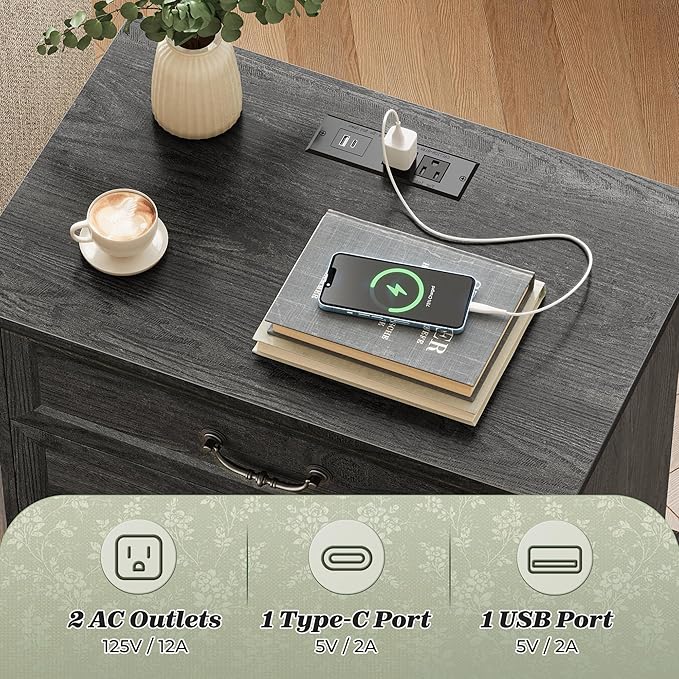 Huuger Nightstand with Charging Station, 3 Drawer Night Stand, 22 Inch Wider Side Table with Storage, Farmhouse Nightstand with Vintage Handles, Thicken Base, for Bedroom, Black
