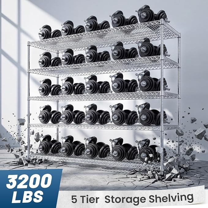 REIBII 55.5" W Storage Shelves 3200LBS Metal Shelving 5 Tier Wire Shelving Garage Shelving Heavy Duty Metal Shelves for Shelving Unit Commercial Adjustable Shelf, 55.5" W X 18''D X 71" H，Chrome,2P - Image 4