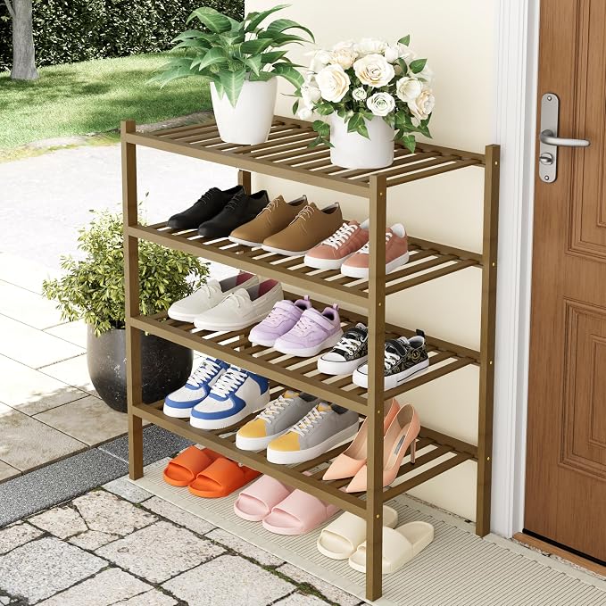Smiry Shoe Rack, 4 Tier Thick Bamboo Shoe Organizer, Stackable Free Standing Wooden Shoe Storage Shelf for Closet, Entryway, Front Door Entrance, Walnut - Image 6